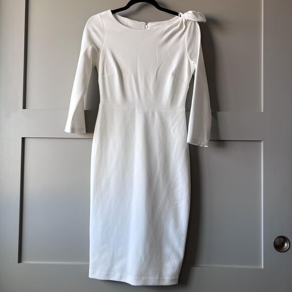 Calvin Klein Dress Womens XS White Bow Shoulder Sheath Midi 3/4 Sleeve Back Zip - Picture 1 of 16